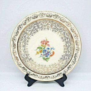 Atlas China Cake Plate Platter 11.5" 22 Karat Gold Warranted USA Ivory Floral